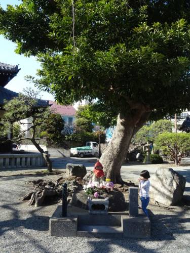 Imádkozó gyermek egy Jizo szobornál